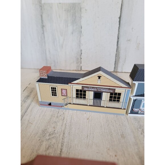 Wooden cats meow village drug store Snowman house shelf sitter set - Picture 5 of 9